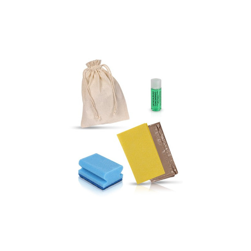 Set de nettoyage avec sac en tissu - Chiffon jaune, protège-ongles bleu et lave-vaisselle 30ml
