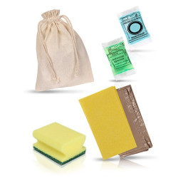 Set de Limpieza con Saquito de Tela - Bayeta, Salvauñas Pequeño y Sobres de Lavavajillas y Detergente
