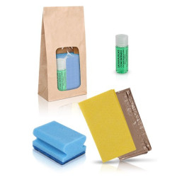 Set de limpieza con bolsa kraft - Bayeta amarilla, salvauñas azul y lavavajillas 30ml