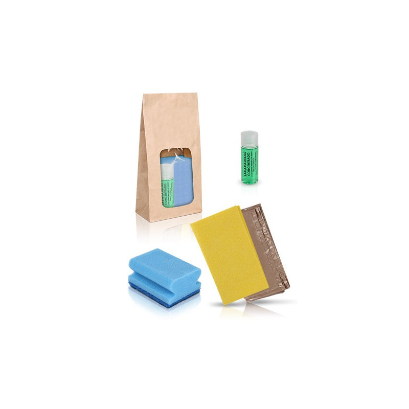 Set de limpieza con bolsa kraft - Bayeta amarilla, salvauñas azul y lavavajillas 30ml