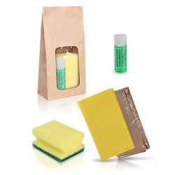 Set de limpieza con bolsa kraft - Bayeta amarilla, salvauñas amarillo y lavavajillas 30ml