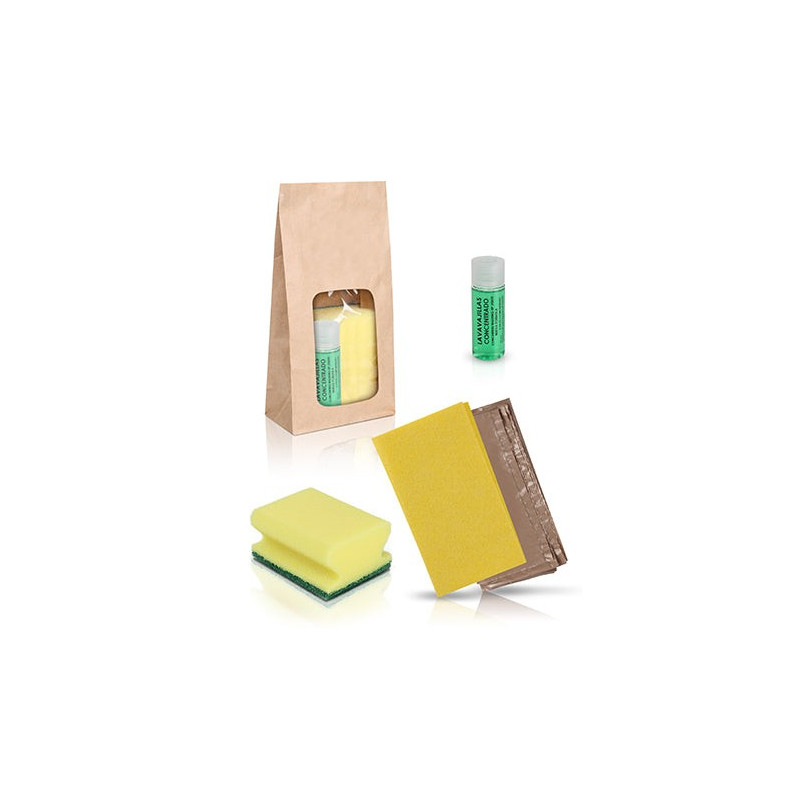 Set de limpieza con bolsa kraft - Bayeta amarilla, salvauñas amarillo y lavavajillas 30ml