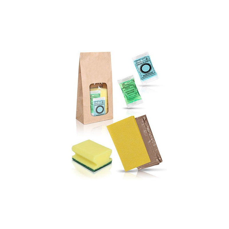Cleaning set with kraft bag - Yellow cloth, small nail protector, and dishwasher and detergent sachets