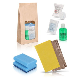 Set de limpieza con bolsa kraft - Bayeta amarilla, salvauñas azul y lavavajillas 75ml