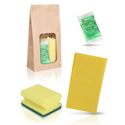 Pack de limpieza con bolsa kraft - Bayeta, salvauñas y sobre de lavavajillas