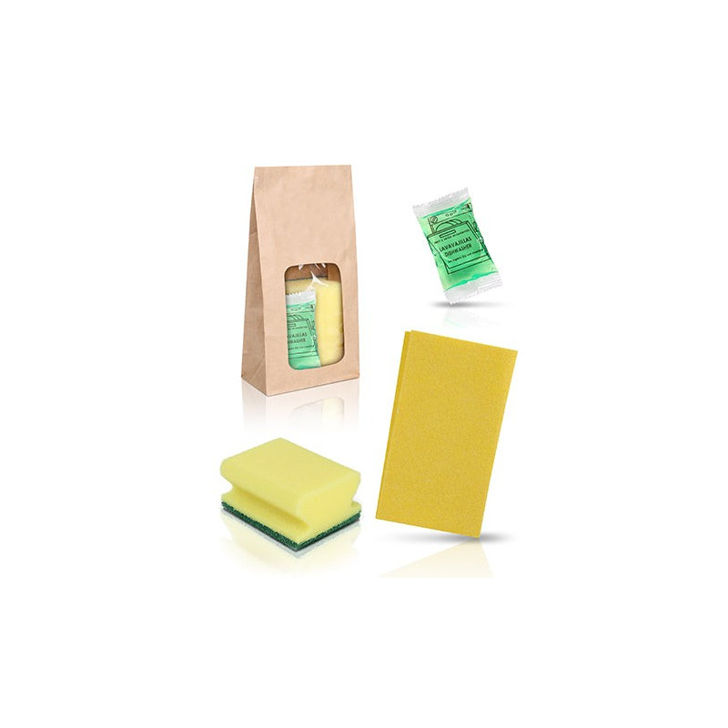Pack de limpieza con bolsa kraft - Bayeta, salvauñas y sobre de lavavajillas