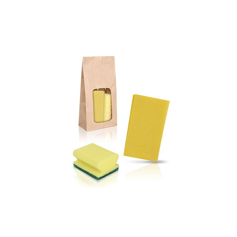 Pack Básico de Limpieza con Bolsa Kraft - Bayeta Amarilla y Salvauñas Amarillo