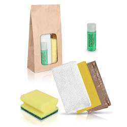 Set de limpieza con bolsa kraft - Bayeta amarilla, paño algodón y lavavajillas