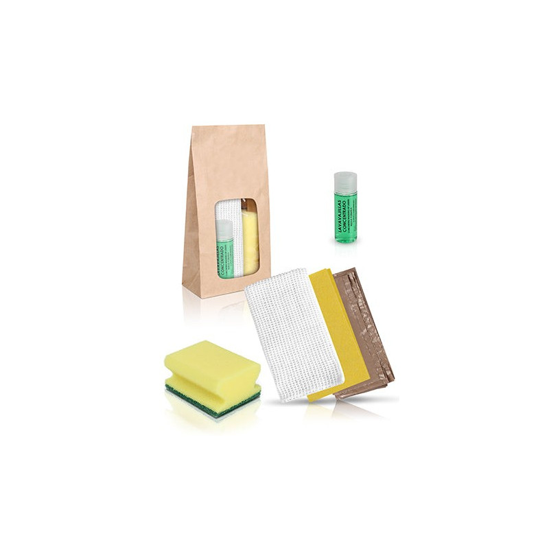 Set de limpieza con bolsa kraft - Bayeta amarilla, paño algodón y lavavajillas