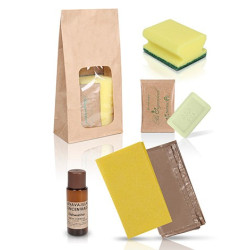 Set de limpieza Bio con bolsa kraft - Bayeta amarilla, jabón Bio y lavavajillas Bio