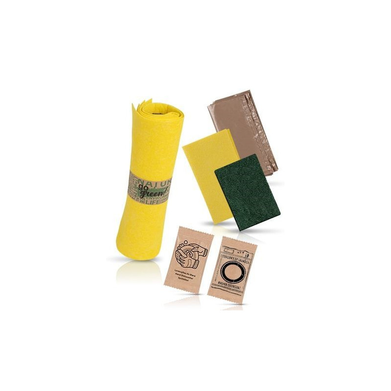 Kit de limpieza ecológico - Bayeta, estropajo, lavavajillas y detergente