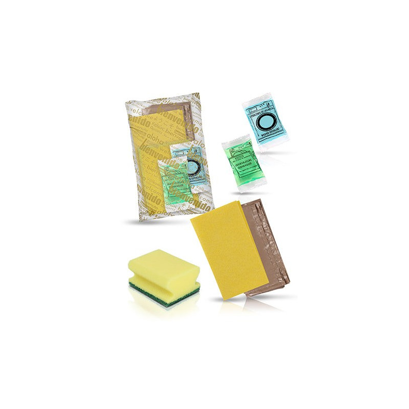 Pulizia ecologica, cucina, panno giallo, proteggi-unghie, bustine di lavastoviglie, detersivo