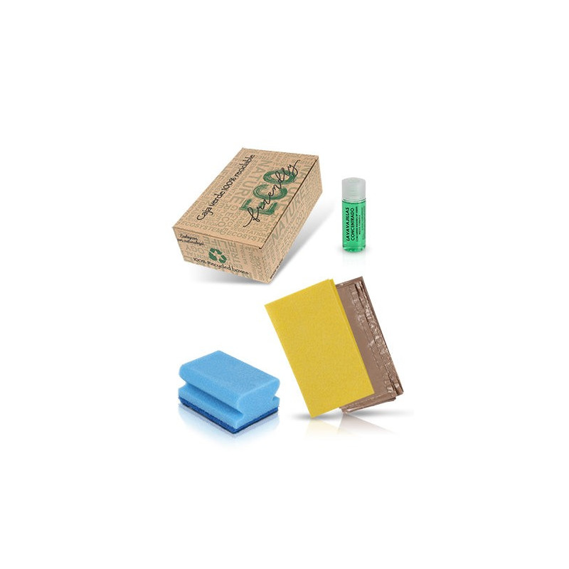 Set de nettoyage dans une boîte recyclable – Chiffon, lave-vaisselle et protège-ongles.