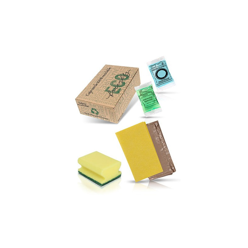 Limpieza sostenible - Bayeta, salvauñas y detergente en caja reciclable.