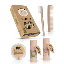 Set de higiene completo en caja Bio - productos ecológicos y esenciales para viajeros.