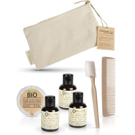 Kit de higiene en neceser de algodón orgánico 100% - ideal para alojamientos responsables.