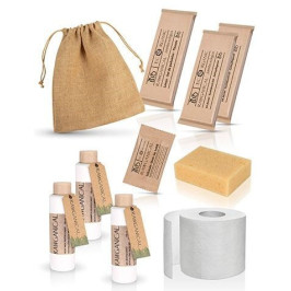 Kit de higiene semanal presentado en bolsa de tela Bio - perfecto para largas estancias.