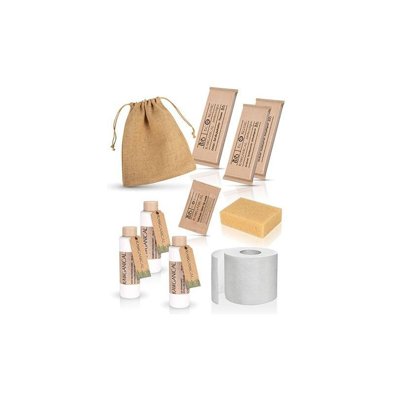 Kit de higiene semanal presentado en bolsa de tela Bio - perfecto para largas estancias.